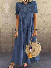 Solid Denim Retro Lapel Maxi Dress